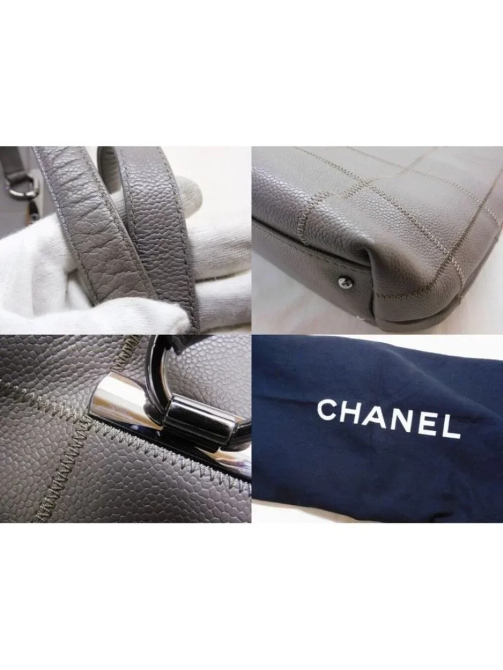 Chanel Choco Bar Stitch Tote Gray Caviar Leather Logo Silver - Picture 5 of 5